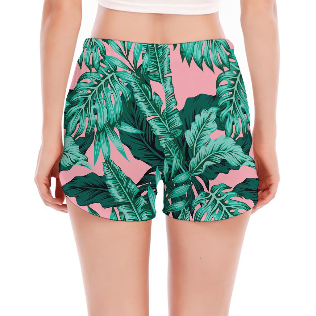 Teal Banana Leaves Pattern Print Women's Split Running Shorts