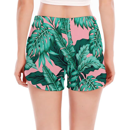 Teal Banana Leaves Pattern Print Women's Split Running Shorts