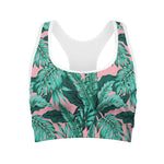 Teal Banana Leaves Pattern Print Women's Sports Bra