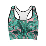Teal Banana Leaves Pattern Print Women's Sports Bra