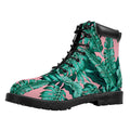 Teal Banana Leaves Pattern Print Padded Collar Lace Up Boots