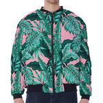 Teal Banana Leaves Pattern Print Zip Sleeve Bomber Jacket