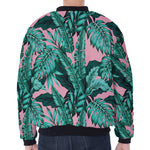 Teal Banana Leaves Pattern Print Zip Sleeve Bomber Jacket