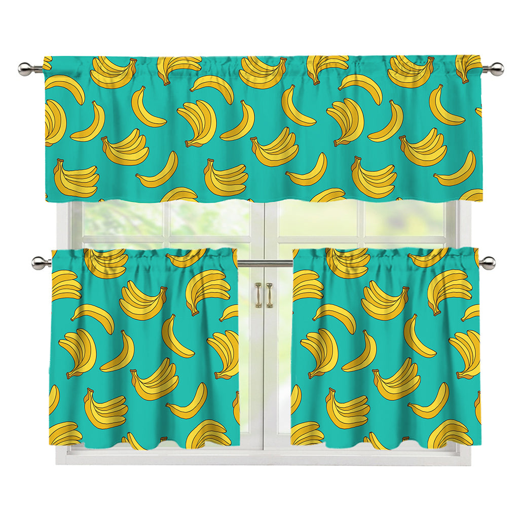 Teal Banana Pattern Print 3 Piece Kitchen Curtains