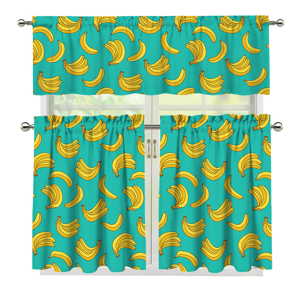 Teal Banana Pattern Print 3 Piece Kitchen Curtains