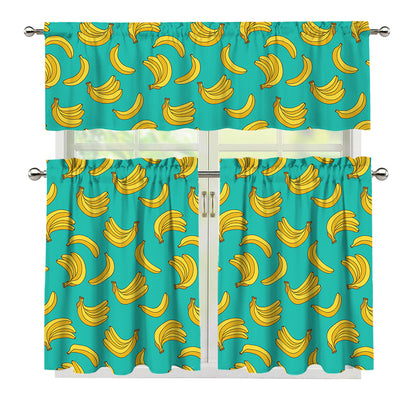 Teal Banana Pattern Print 3 Piece Kitchen Curtains