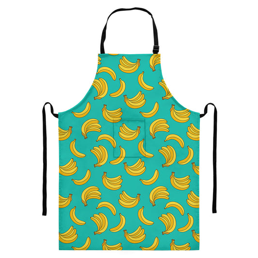 Teal Banana Pattern Print Bib Apron With Pocket