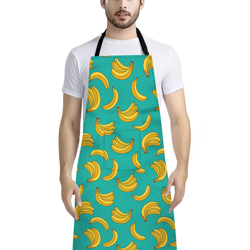 Teal Banana Pattern Print Bib Apron With Pocket
