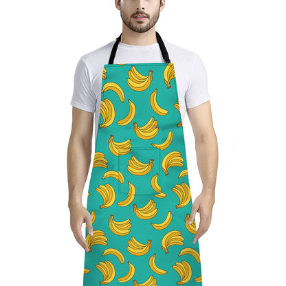 Teal Banana Pattern Print Bib Apron With Pocket
