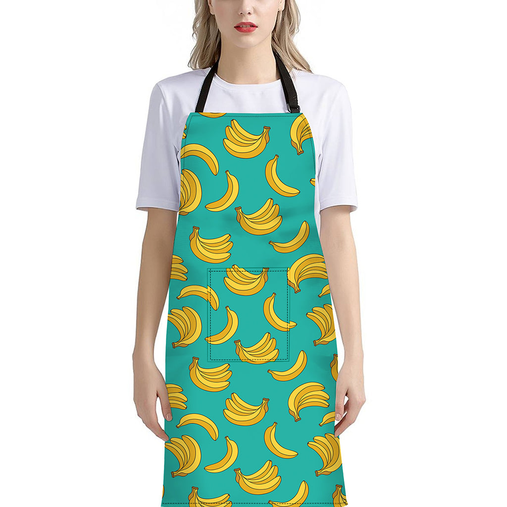Teal Banana Pattern Print Bib Apron With Pocket