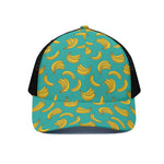 Teal Banana Pattern Print Black Mesh Trucker Cap