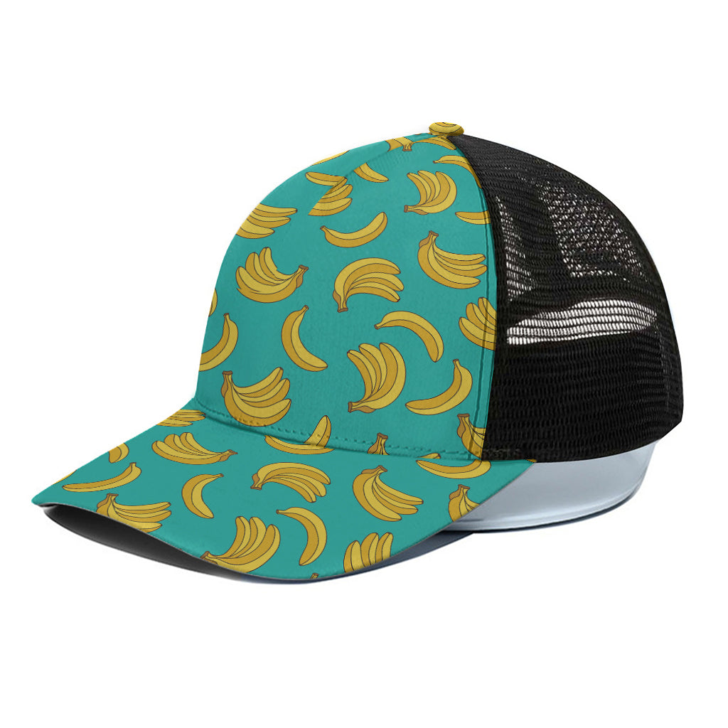 Teal Banana Pattern Print Black Mesh Trucker Cap