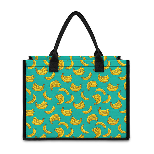 Teal Banana Pattern Print Canvas Tote Bag