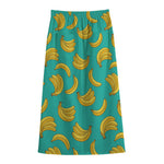 Teal Banana Pattern Print Cotton Front Slit Maxi Skirt