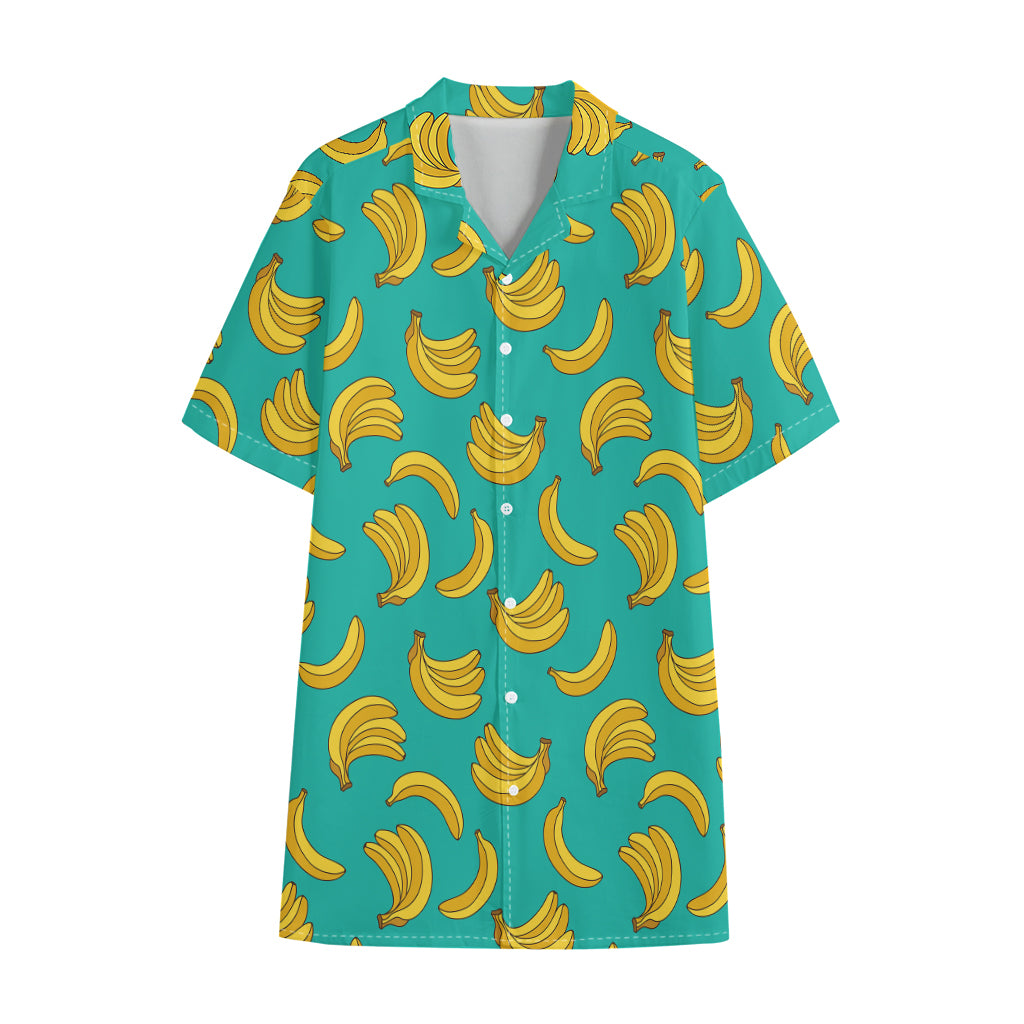Teal Banana Pattern Print Cotton Hawaiian Shirt