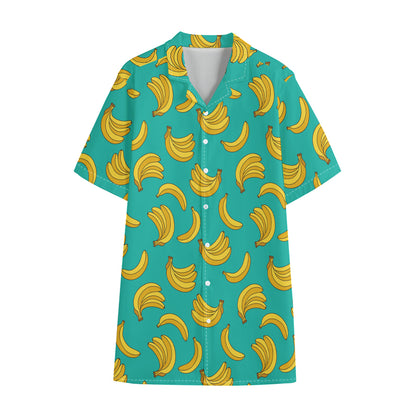 Teal Banana Pattern Print Cotton Hawaiian Shirt
