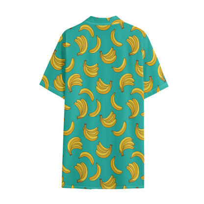 Teal Banana Pattern Print Cotton Hawaiian Shirt