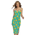 Teal Banana Pattern Print Cross Back Cami Dress