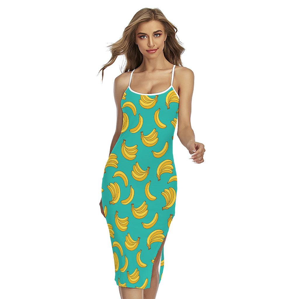 Teal Banana Pattern Print Cross Back Cami Dress