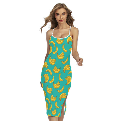 Teal Banana Pattern Print Cross Back Cami Dress