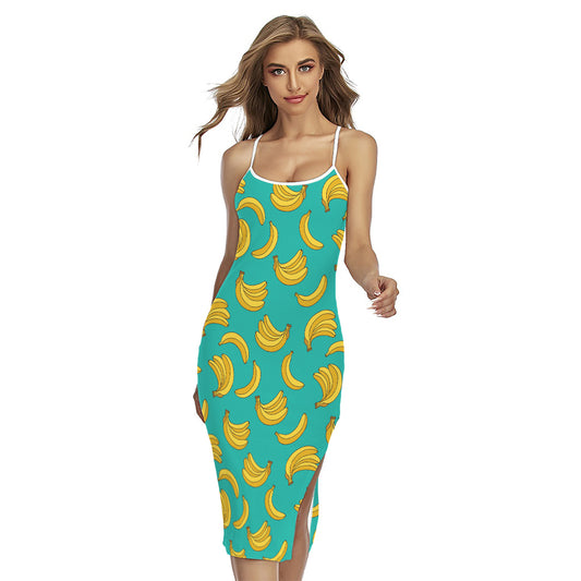 Teal Banana Pattern Print Cross Back Cami Dress