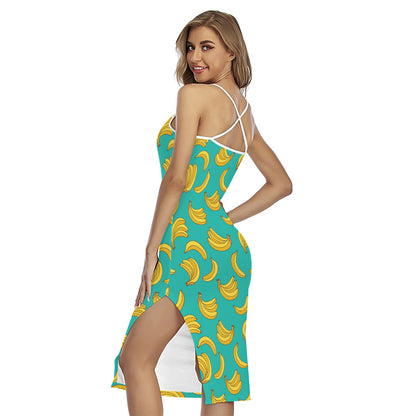 Teal Banana Pattern Print Cross Back Cami Dress