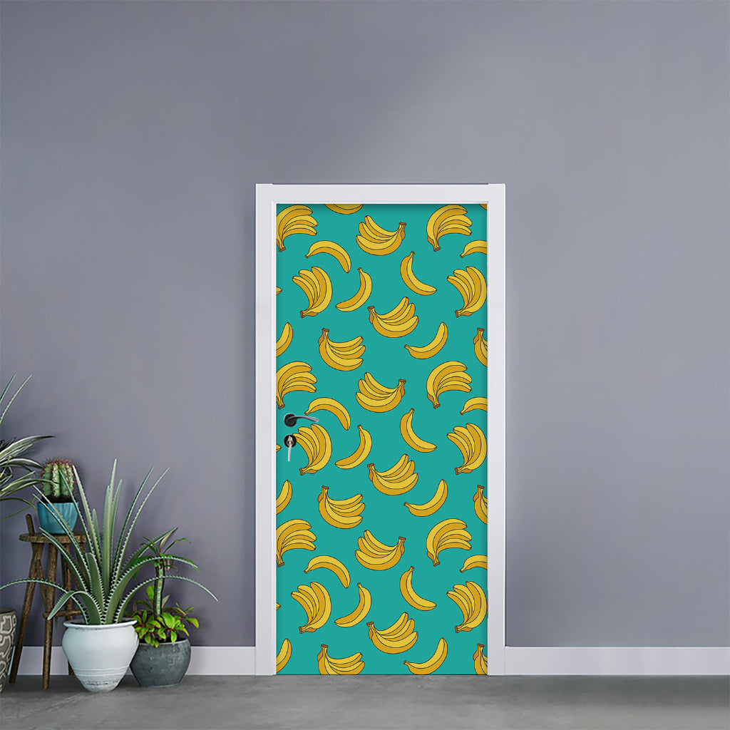 Teal Banana Pattern Print Door Sticker