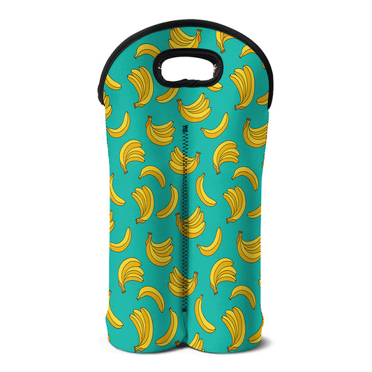 Teal Banana Pattern Print Double Neoprene Wine Tote