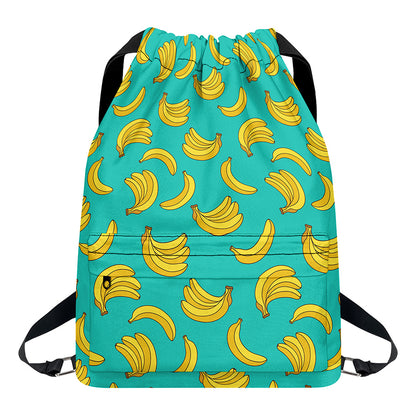 Teal Banana Pattern Print Drawstring Backpack