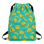 Teal Banana Pattern Print Drawstring Backpack