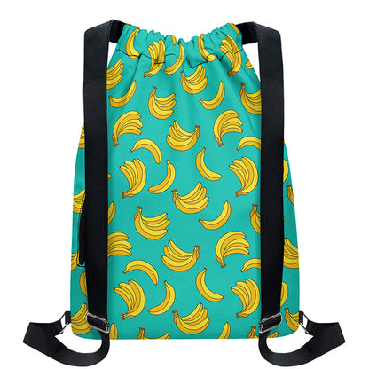 Teal Banana Pattern Print Drawstring Backpack