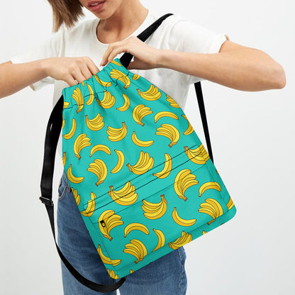 Teal Banana Pattern Print Drawstring Backpack