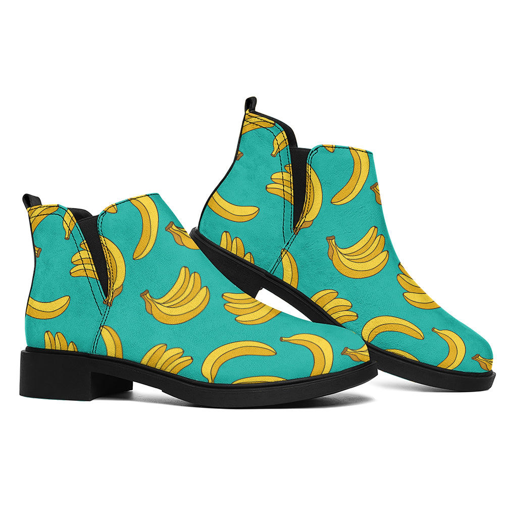 Teal Banana Pattern Print Flat Ankle Boots