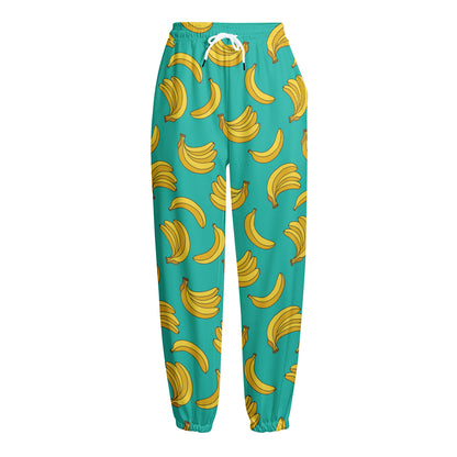 Teal Banana Pattern Print Fleece Lined Knit Pants