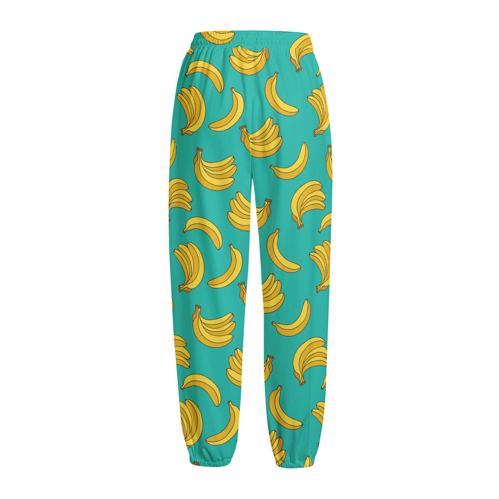Teal Banana Pattern Print Fleece Lined Knit Pants