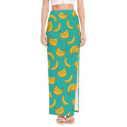Teal Banana Pattern Print High Slit Maxi Skirt