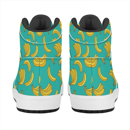 Teal Banana Pattern Print High Top Leather Sneakers