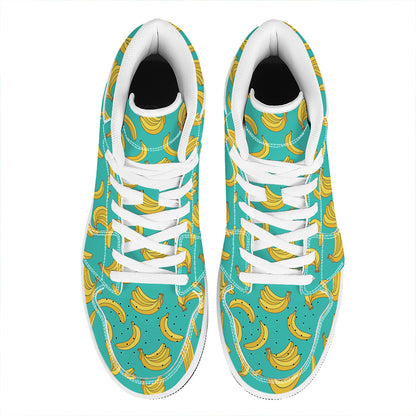 Teal Banana Pattern Print High Top Leather Sneakers