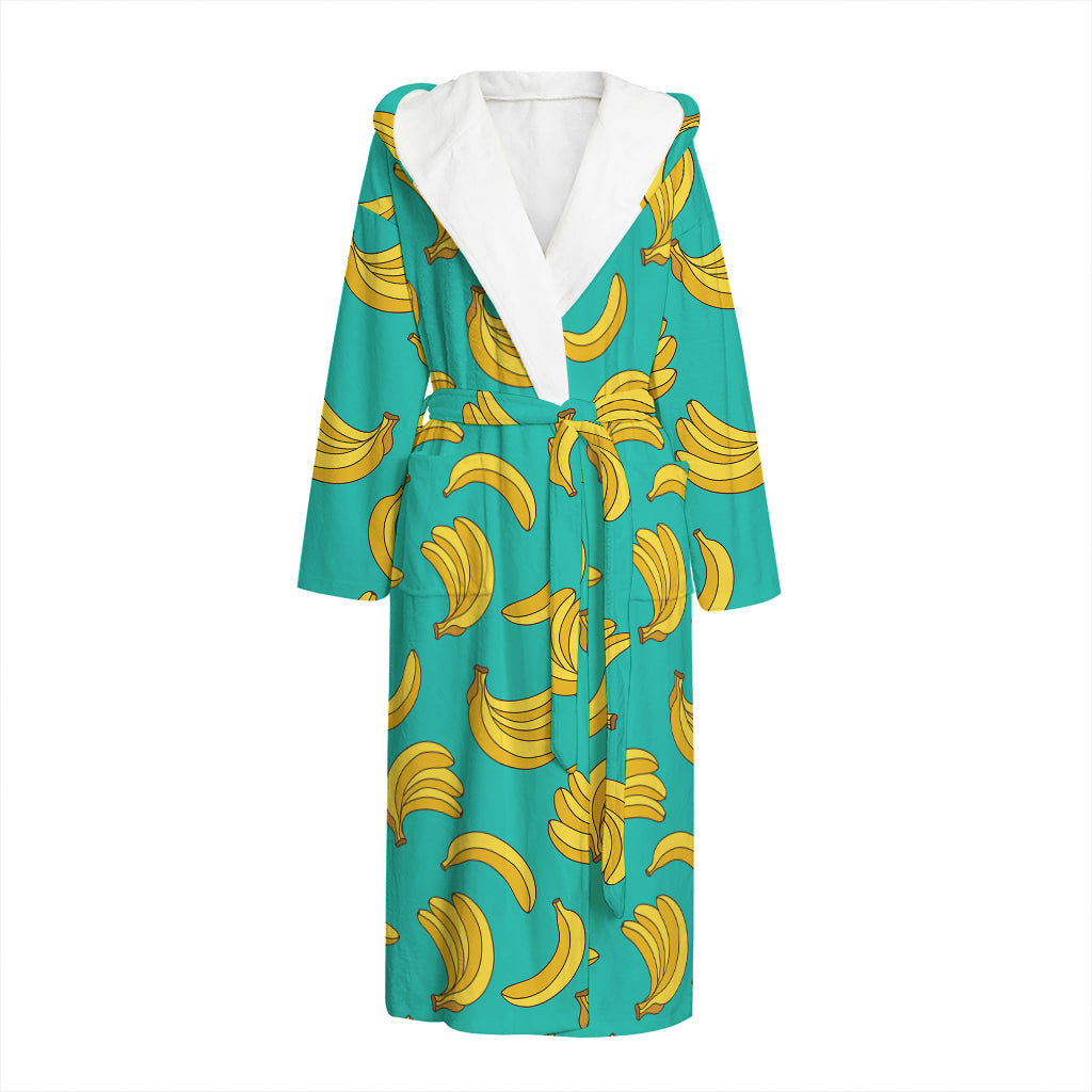 Teal Banana Pattern Print Hooded Bathrobe