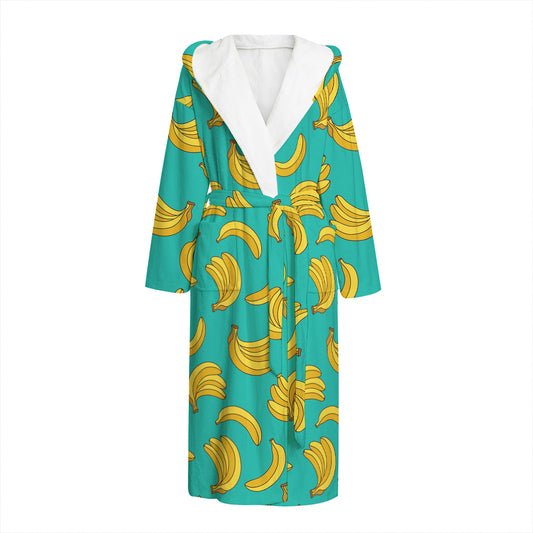 Teal Banana Pattern Print Hooded Bathrobe
