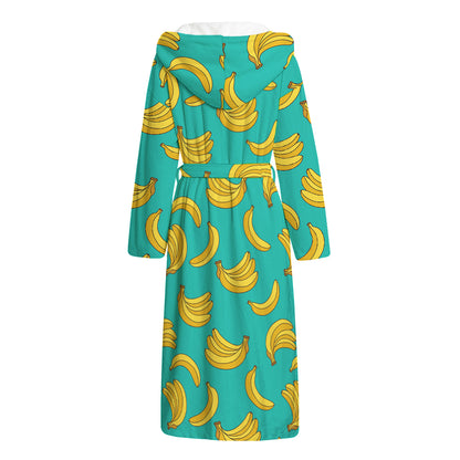 Teal Banana Pattern Print Hooded Bathrobe