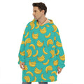 Teal Banana Pattern Print Hoodie Blanket