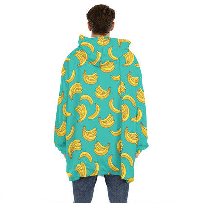 Teal Banana Pattern Print Hoodie Blanket