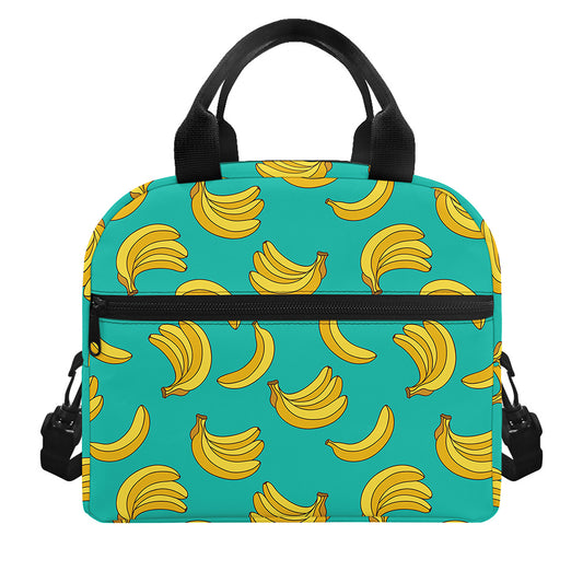Teal Banana Pattern Print Insulated Lunch Bag