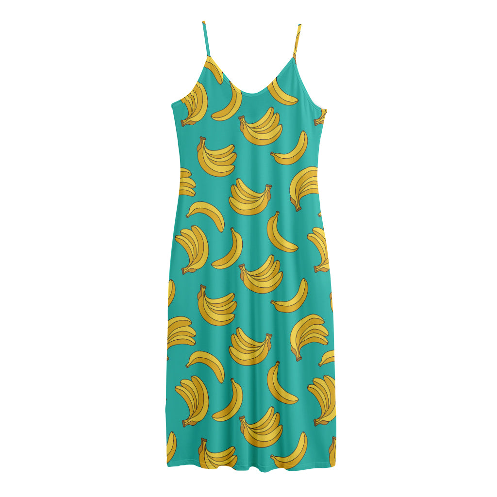 Teal Banana Pattern Print Jersey Midi Cami Dress