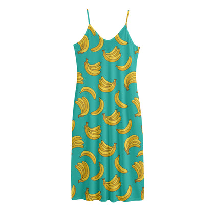 Teal Banana Pattern Print Jersey Midi Cami Dress