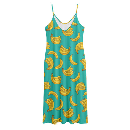 Teal Banana Pattern Print Jersey Midi Cami Dress