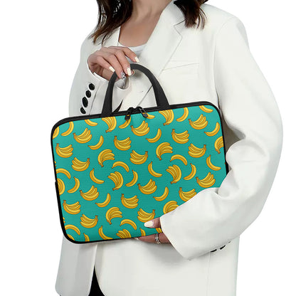 Teal Banana Pattern Print Laptop Sleeve With Handle