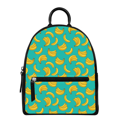 Teal Banana Pattern Print Leather Backpack