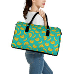 Teal Banana Pattern Print Leather Duffle Bag